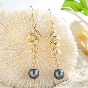 Elegant Bird of Paradise Earrings with Black Pearls